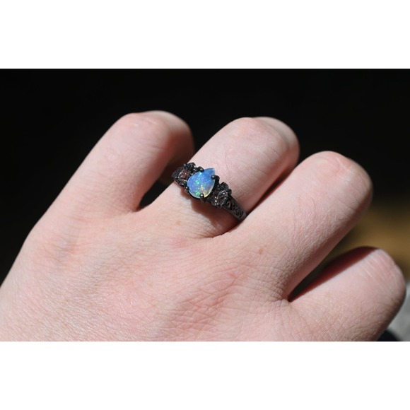 Iridescent Opal Centerpiece Ring - Multifaceted Side Stones - Unique Boho - Picture 6 of 10